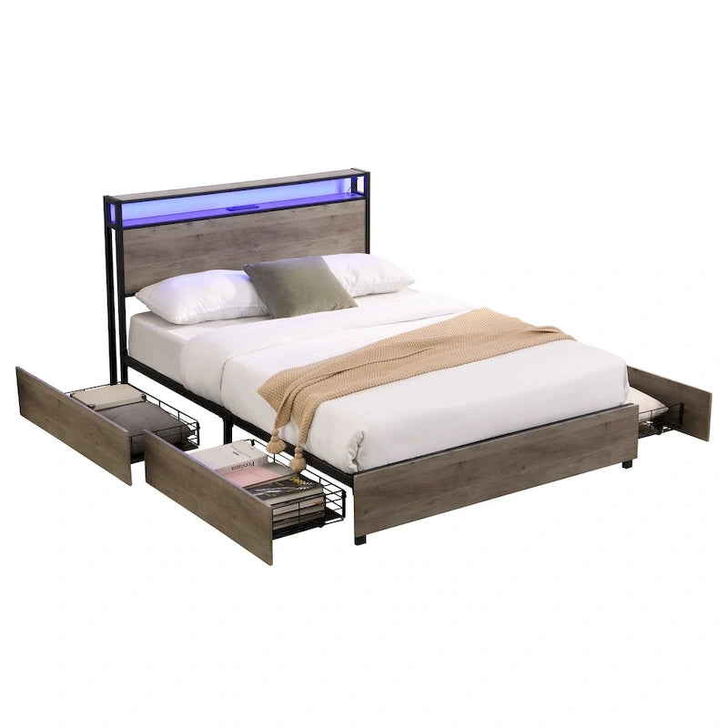 Cama Matrimonial Gris Antiguo con Cabecero de Almacenamiento, Luces LED y Estación de Carga, para 1 persona