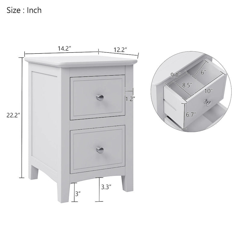 Mesita de noche blanca/gris de 2 cajones – Pino y MDF, uso individual