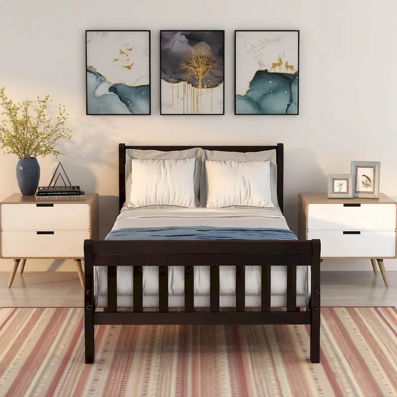 Cama de plataforma individual de madera maciza de Espresso/Blanco/Roble con cabecero y piecero, tamaño Twin