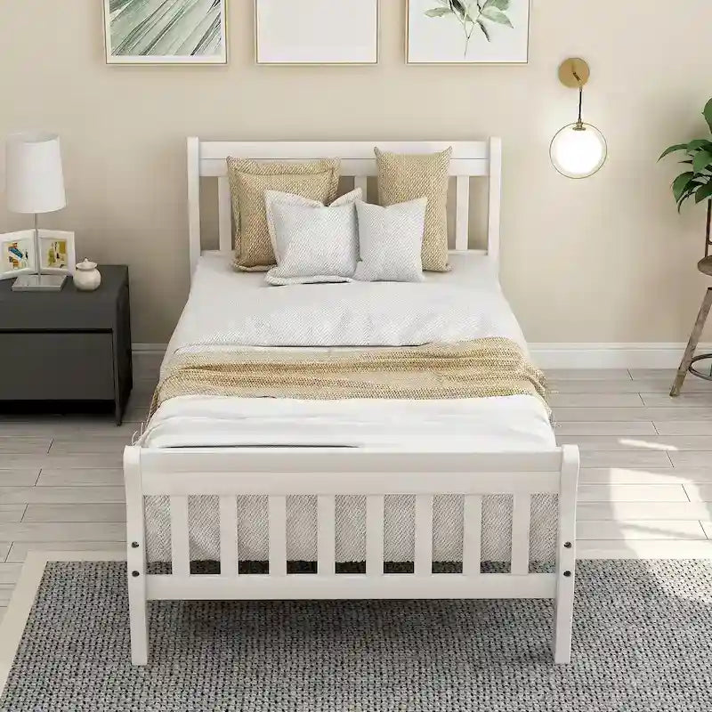 Cama de plataforma individual de madera maciza de Espresso/Blanco/Roble con cabecero y piecero, tamaño Twin