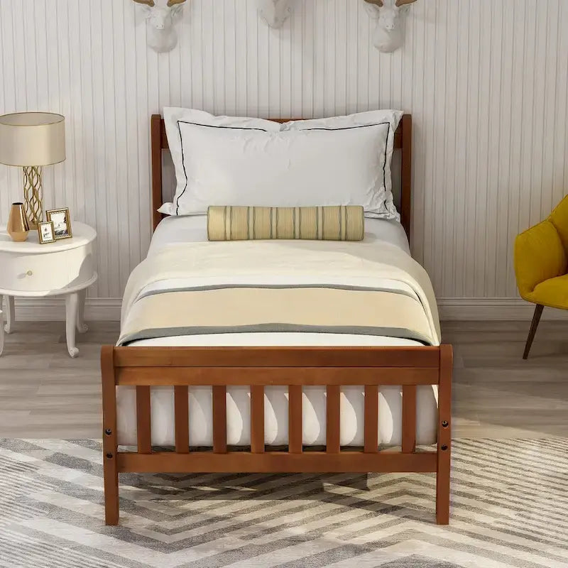 Cama de plataforma individual de madera maciza de Espresso/Blanco/Roble con cabecero y piecero, tamaño Twin