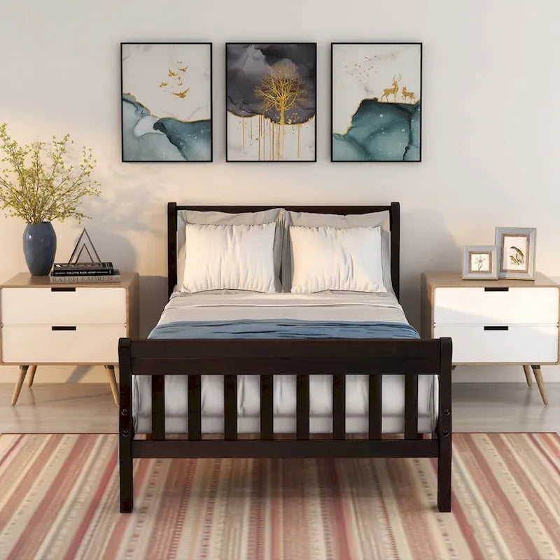 Cama de plataforma individual de madera maciza de Espresso/Blanco/Roble con cabecero y piecero, tamaño Twin