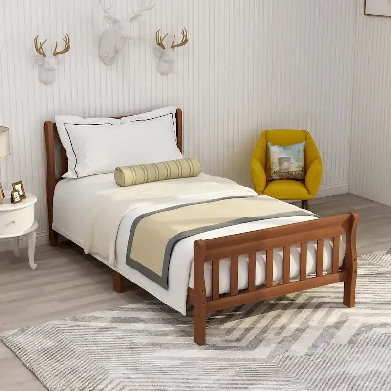 Cama de plataforma individual de madera maciza de Espresso/Blanco/Roble con cabecero y piecero, tamaño Twin
