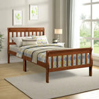 Cama de plataforma individual de madera maciza de Espresso/Blanco/Roble con cabecero y piecero, tamaño Twin