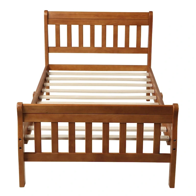 Cama de plataforma individual de madera maciza de Espresso/Blanco/Roble con cabecero y piecero, tamaño Twin