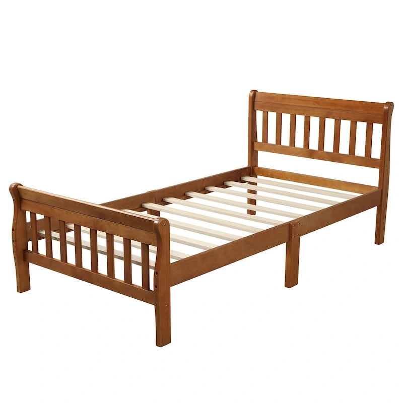 Cama de plataforma individual de madera maciza de Espresso/Blanco/Roble con cabecero y piecero, tamaño Twin