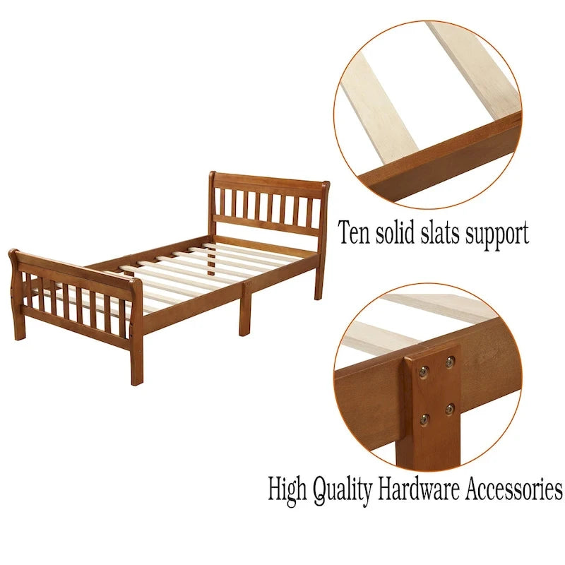 Cama de plataforma individual de madera maciza de Espresso/Blanco/Roble con cabecero y piecero, tamaño Twin