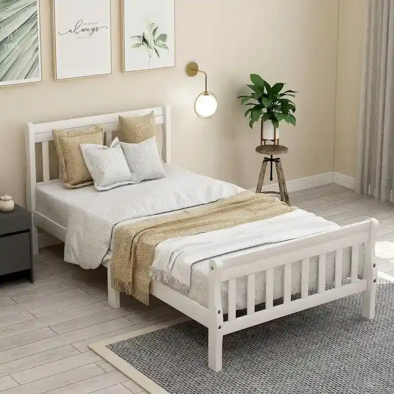 Cama de plataforma individual de madera maciza de Espresso/Blanco/Roble con cabecero y piecero, tamaño Twin