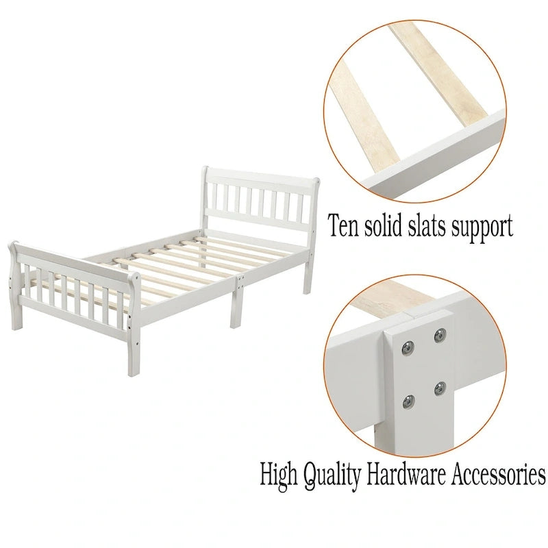 Cama de plataforma individual de madera maciza de Espresso/Blanco/Roble con cabecero y piecero, tamaño Twin