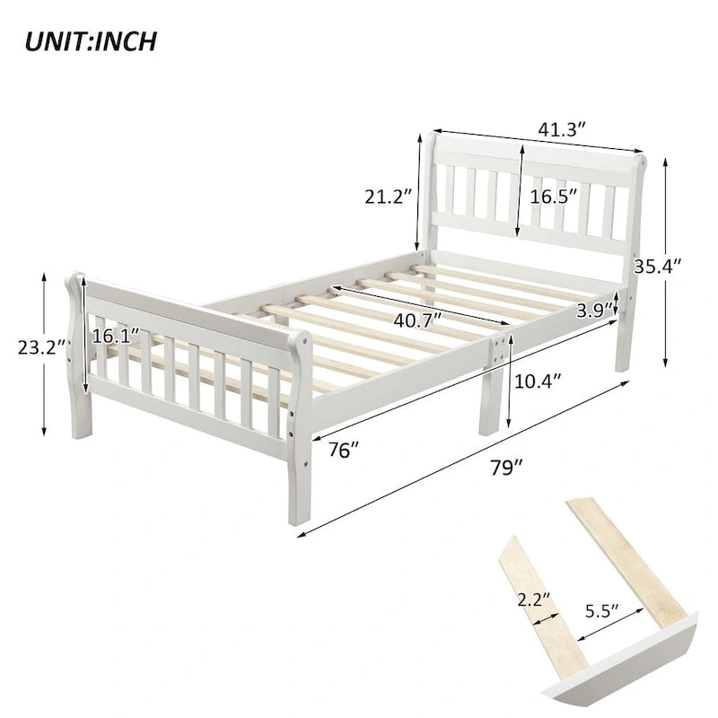 Cama de plataforma individual de madera maciza de Espresso/Blanco/Roble con cabecero y piecero, tamaño Twin
