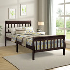 Cama de plataforma individual de madera maciza de Espresso/Blanco/Roble con cabecero y piecero, tamaño Twin