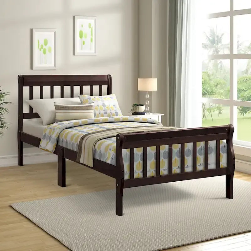 Cama de plataforma individual de madera maciza de Espresso/Blanco/Roble con cabecero y piecero, tamaño Twin