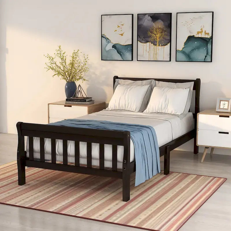 Cama de plataforma individual de madera maciza de Espresso/Blanco/Roble con cabecero y piecero, tamaño Twin