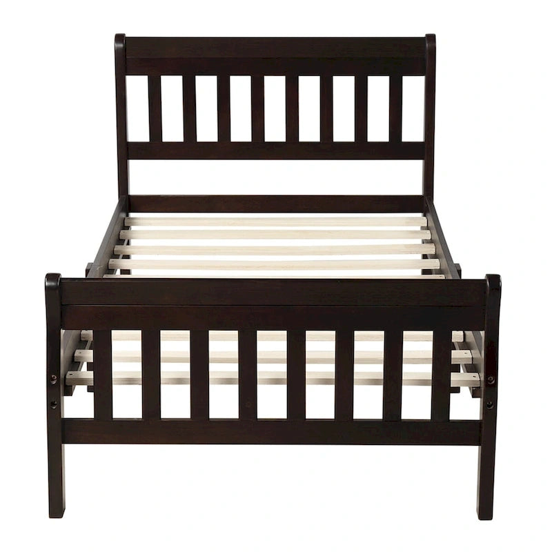 Cama de plataforma individual de madera maciza de Espresso/Blanco/Roble con cabecero y piecero, tamaño Twin