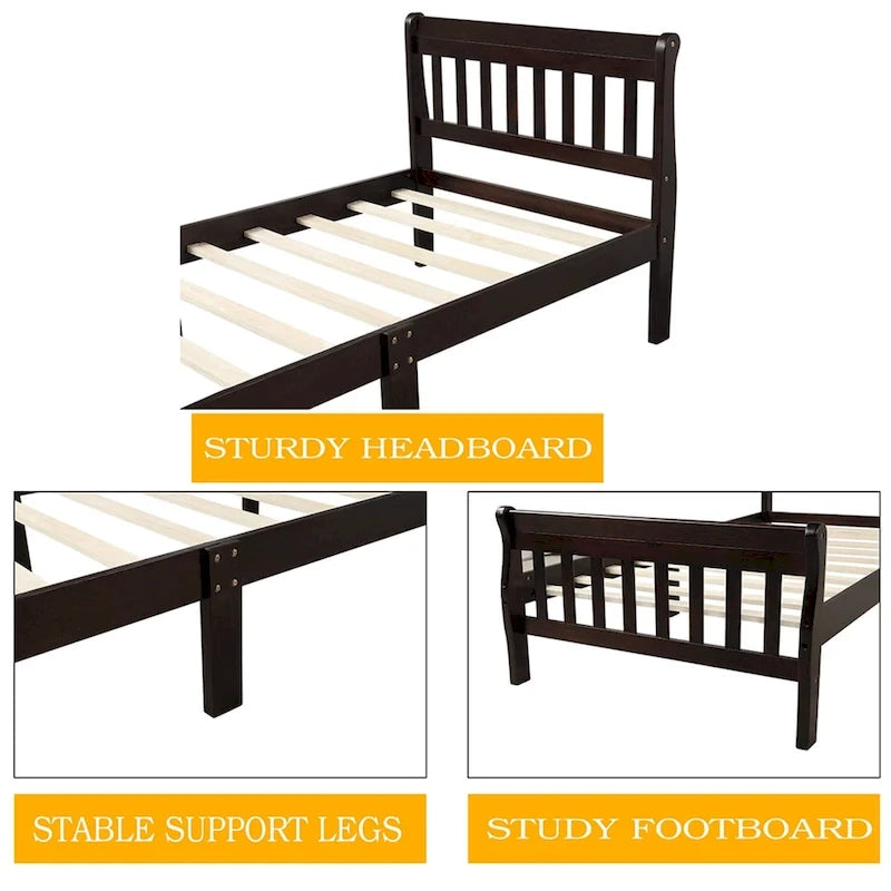Cama de plataforma individual de madera maciza de Espresso/Blanco/Roble con cabecero y piecero, tamaño Twin