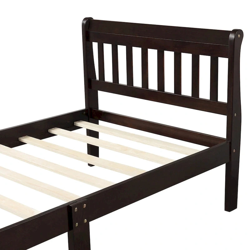 Cama de plataforma individual de madera maciza de Espresso/Blanco/Roble con cabecero y piecero, tamaño Twin