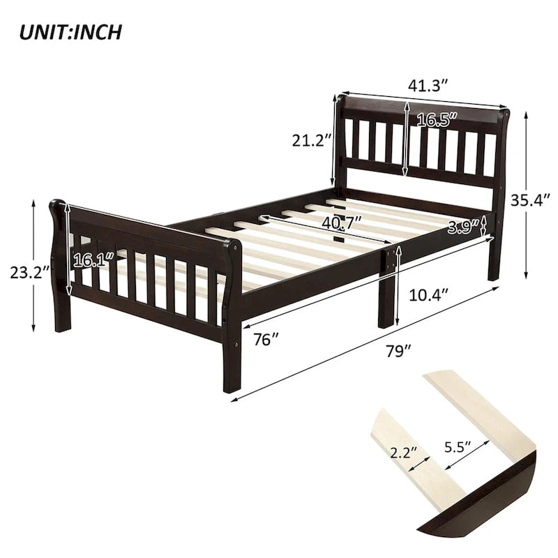 Cama de plataforma individual de madera maciza de Espresso/Blanco/Roble con cabecero y piecero, tamaño Twin