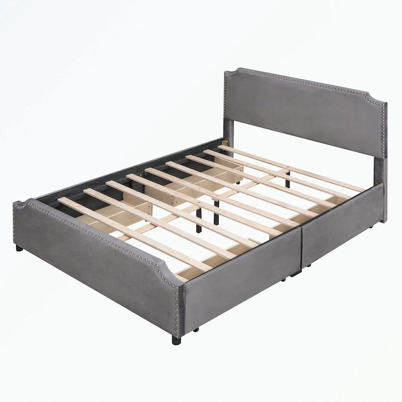 Cama de plataforma tapizada gris/verde/azul/beige con cajones de almacenamiento, para 2 personas