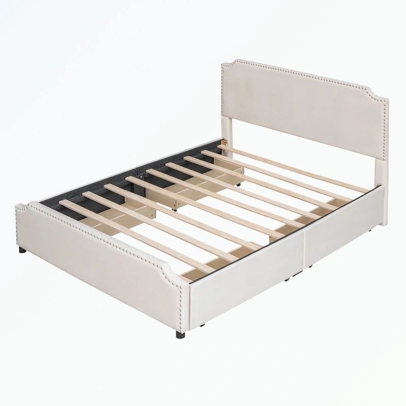 Cama de plataforma tapizada gris/verde/azul/beige con cajones de almacenamiento, para 2 personas