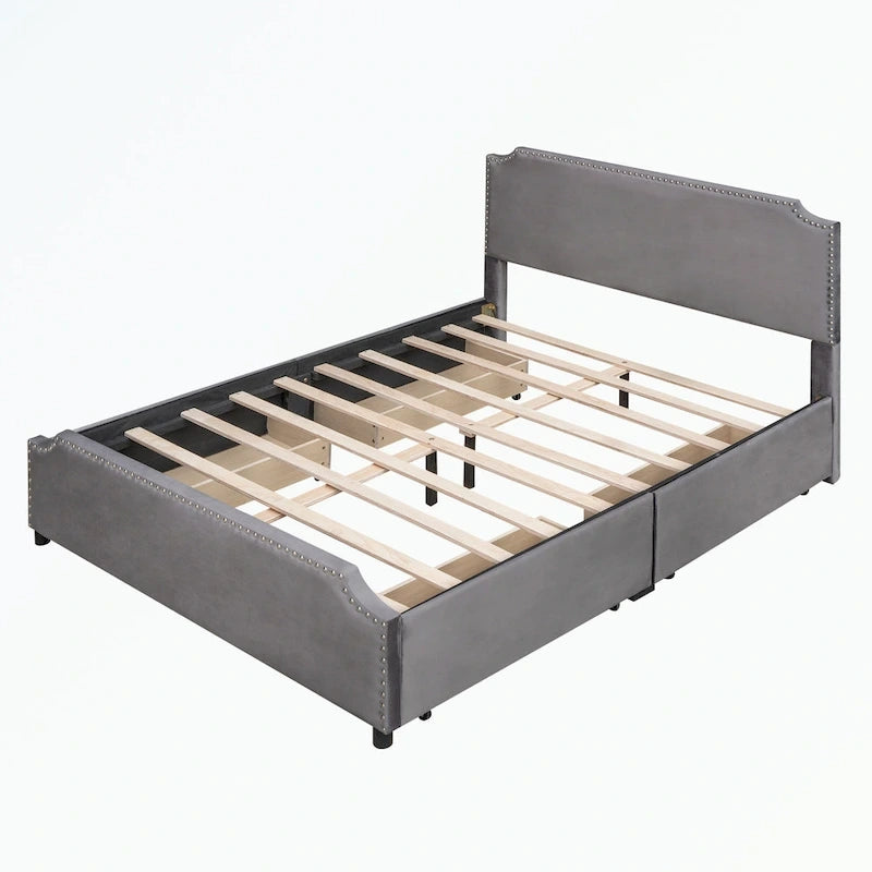 Cama de plataforma tapizada gris/verde/azul/beige con cajones de almacenamiento, para 2 personas