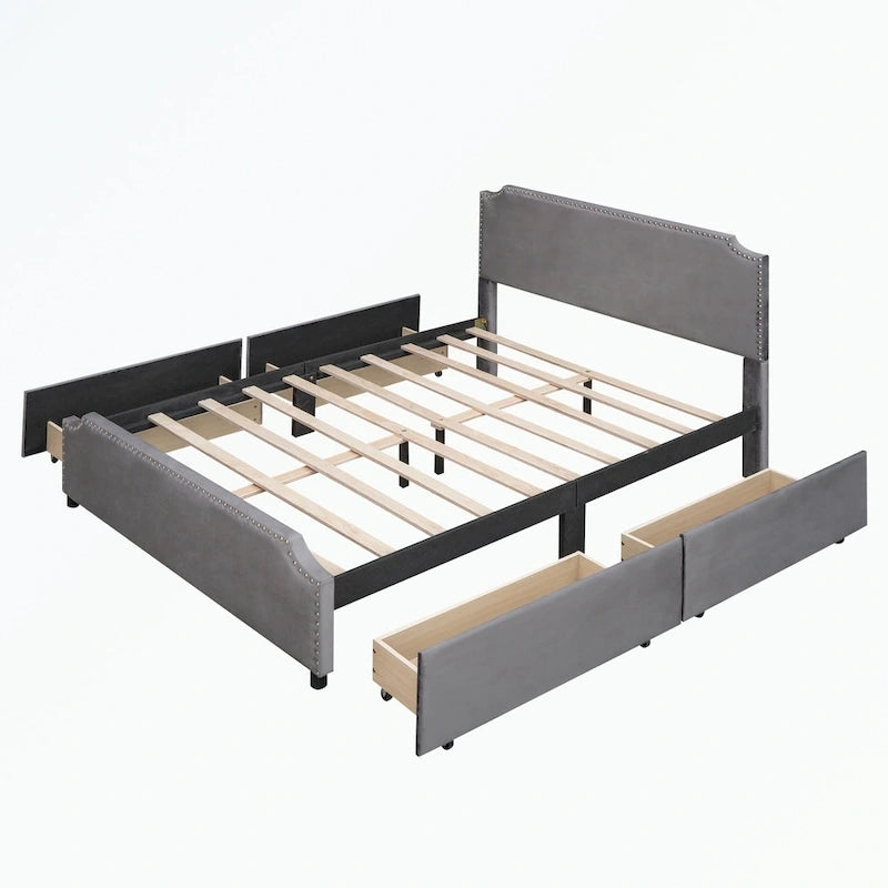 Cama de plataforma tapizada gris/verde/azul/beige con cajones de almacenamiento, para 2 personas