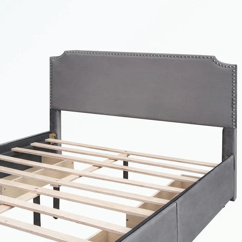 Cama de plataforma tapizada gris/verde/azul/beige con cajones de almacenamiento, para 2 personas