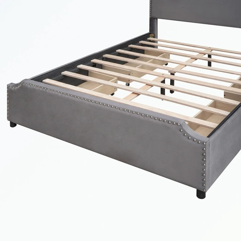 Cama de plataforma tapizada gris/verde/azul/beige con cajones de almacenamiento, para 2 personas
