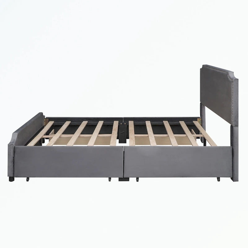 Cama de plataforma tapizada gris/verde/azul/beige con cajones de almacenamiento, para 2 personas
