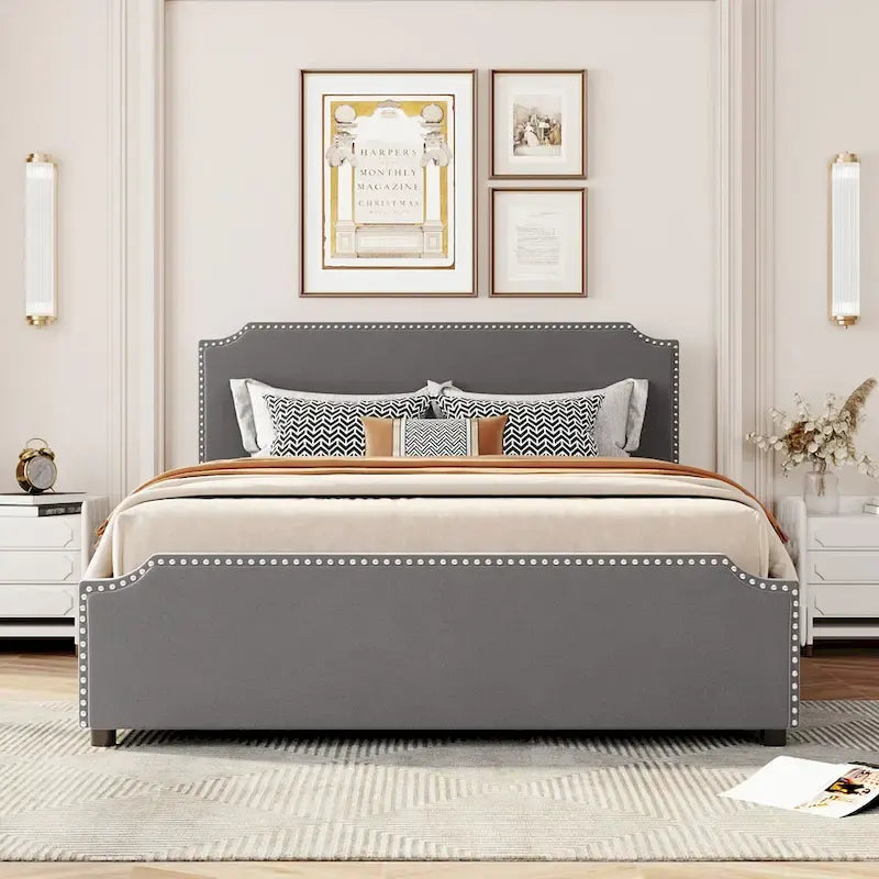 Cama de plataforma tapizada gris/verde/azul/beige con cajones de almacenamiento, para 2 personas