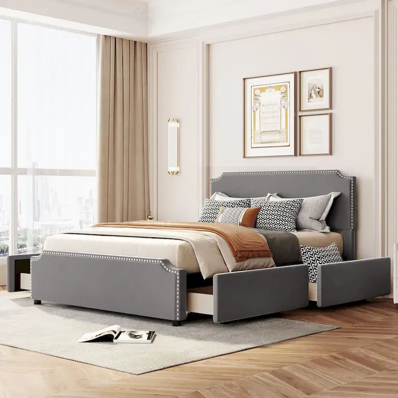 Cama de plataforma tapizada gris/verde/azul/beige con cajones de almacenamiento, para 2 personas