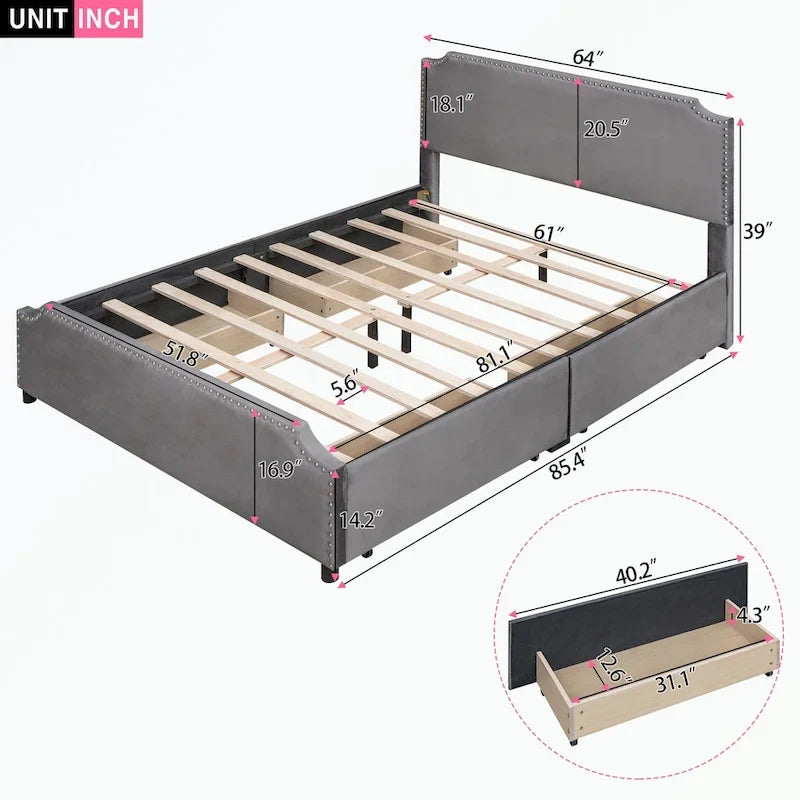 Cama de plataforma tapizada gris/verde/azul/beige con cajones de almacenamiento, para 2 personas