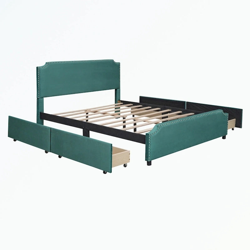 Cama de plataforma tapizada gris/verde/azul/beige con cajones de almacenamiento, para 2 personas