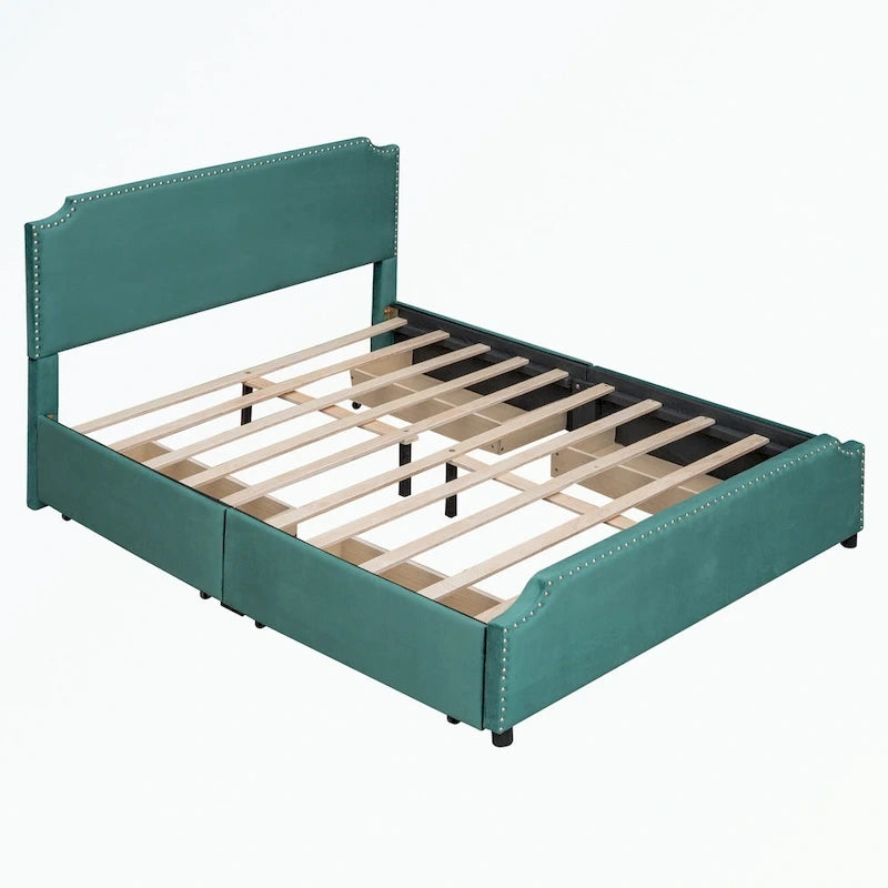 Cama de plataforma tapizada gris/verde/azul/beige con cajones de almacenamiento, para 2 personas