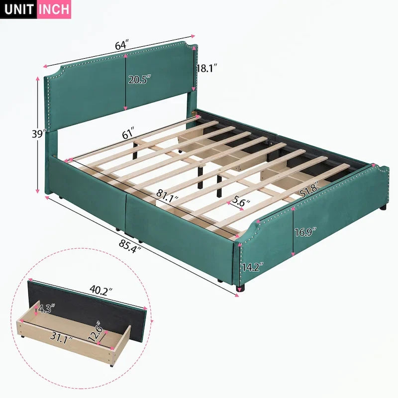 Cama de plataforma tapizada gris/verde/azul/beige con cajones de almacenamiento, para 2 personas