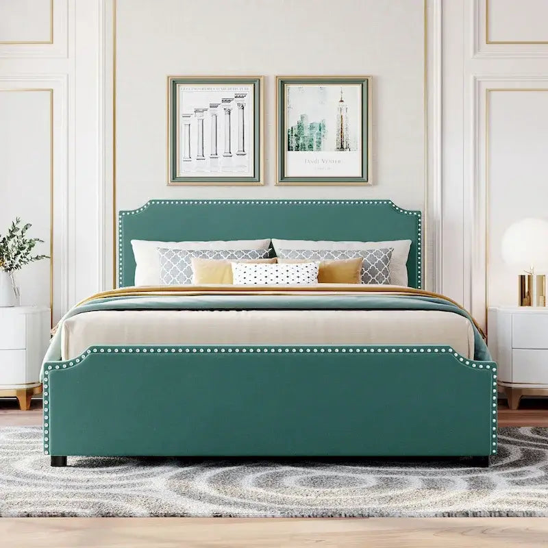 Cama de plataforma tapizada gris/verde/azul/beige con cajones de almacenamiento, para 2 personas
