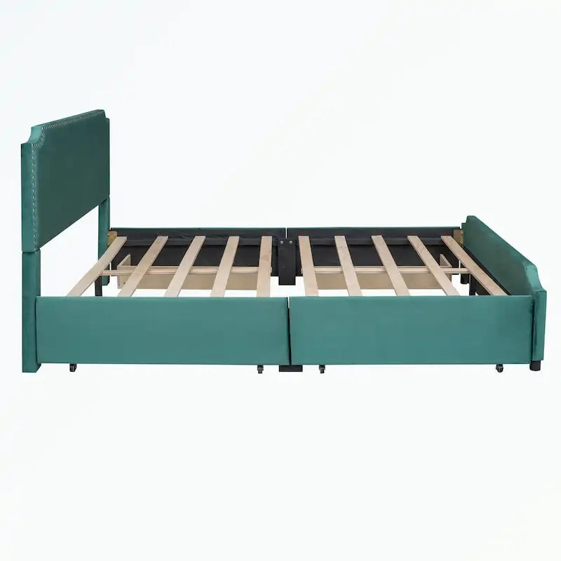 Cama de plataforma tapizada gris/verde/azul/beige con cajones de almacenamiento, para 2 personas