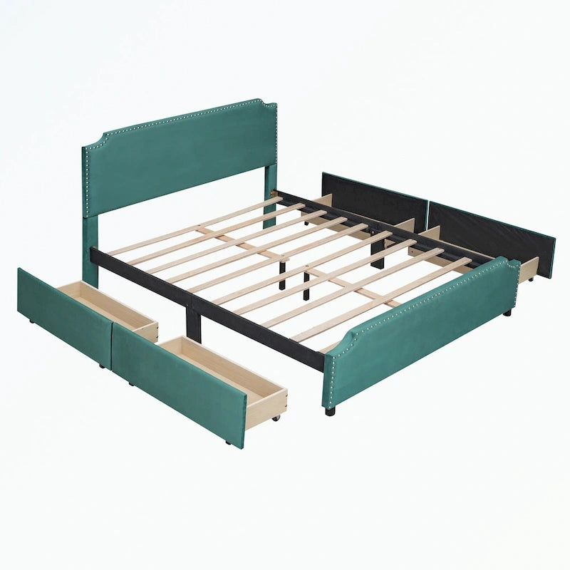 Cama de plataforma tapizada gris/verde/azul/beige con cajones de almacenamiento, para 2 personas