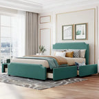 Cama de plataforma tapizada gris/verde/azul/beige con cajones de almacenamiento, para 2 personas