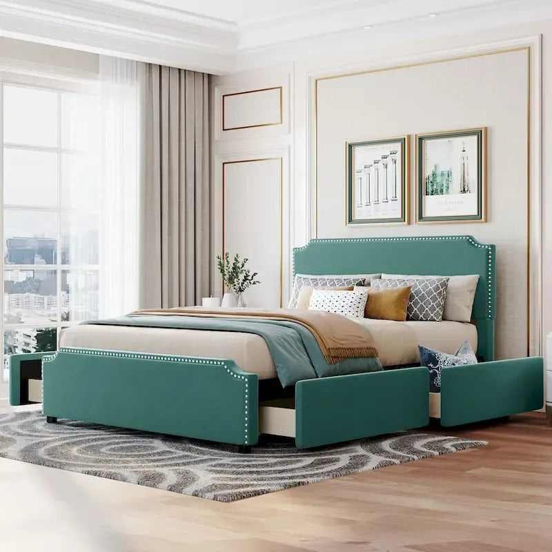 Cama de plataforma tapizada gris/verde/azul/beige con cajones de almacenamiento, para 2 personas