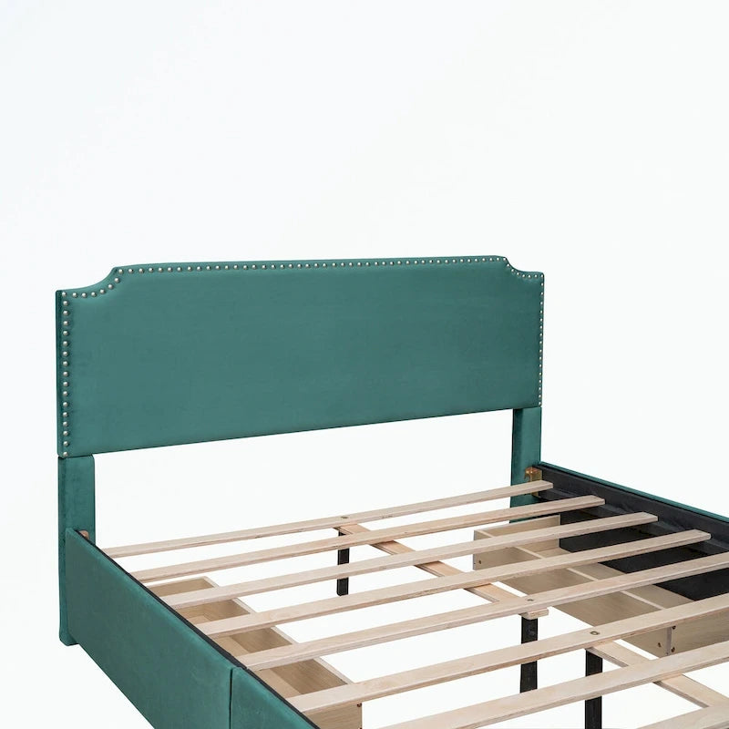 Cama de plataforma tapizada gris/verde/azul/beige con cajones de almacenamiento, para 2 personas