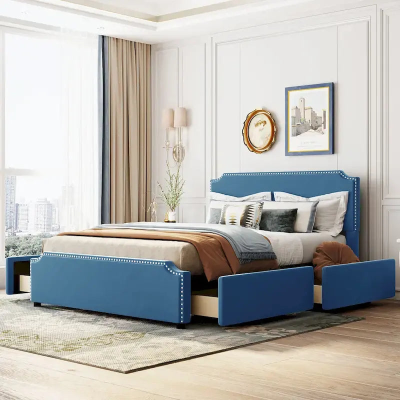 Cama de plataforma tapizada gris/verde/azul/beige con cajones de almacenamiento, para 2 personas
