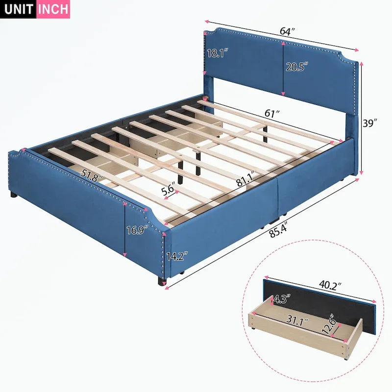Cama de plataforma tapizada gris/verde/azul/beige con cajones de almacenamiento, para 2 personas