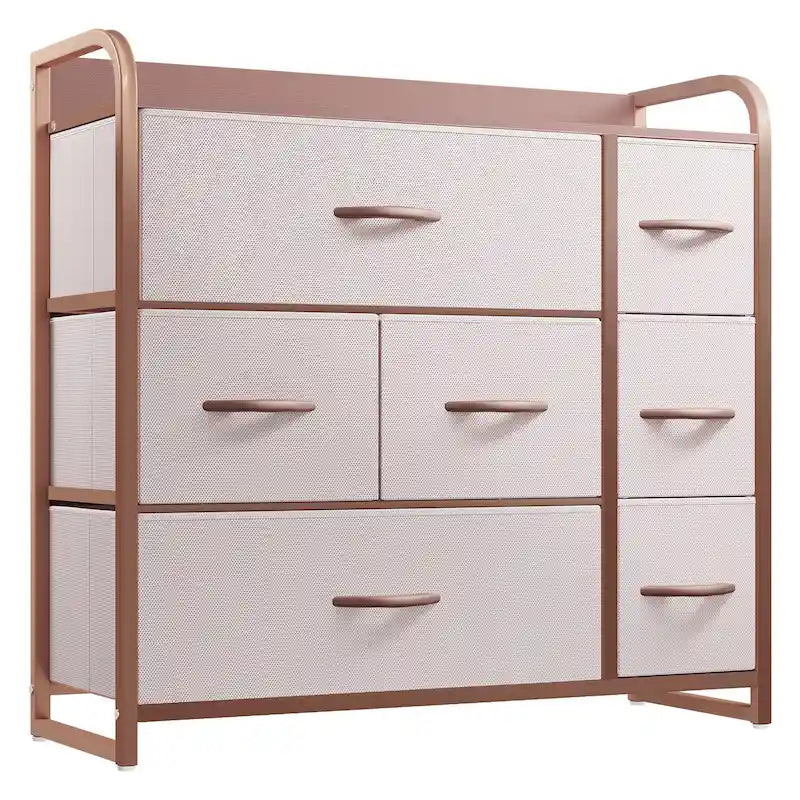 Cómoda de 7 cajones – Negro gris / Gris claro / Marrón / Rosa / Negro-madera / Gris-madera | Tela y acero | Para 1 persona
