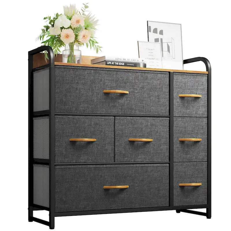 Cómoda de 7 cajones – Negro gris / Gris claro / Marrón / Rosa / Negro-madera / Gris-madera | Tela y acero | Para 1 persona