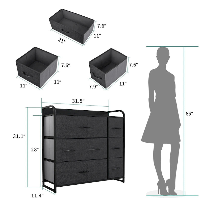 Cómoda de 7 cajones – Negro gris / Gris claro / Marrón / Rosa / Negro-madera / Gris-madera | Tela y acero | Para 1 persona