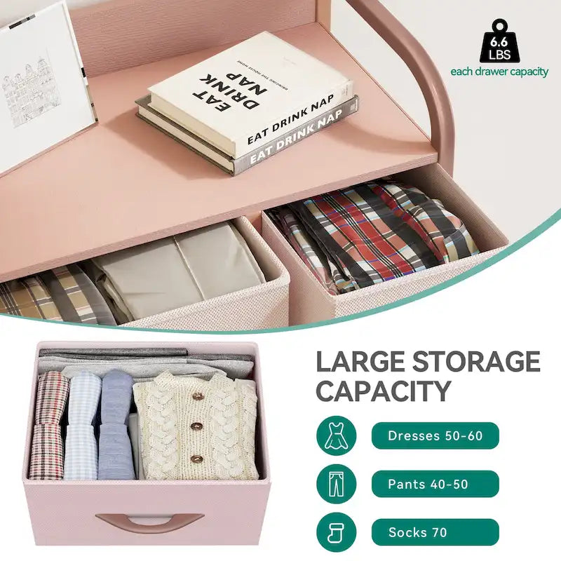 Cómoda de 7 cajones – Negro gris / Gris claro / Marrón / Rosa / Negro-madera / Gris-madera | Tela y acero | Para 1 persona