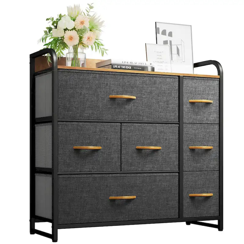 Cómoda de 7 cajones – Negro gris / Gris claro / Marrón / Rosa / Negro-madera / Gris-madera | Tela y acero | Para 1 persona