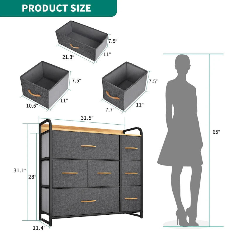 Cómoda de 7 cajones – Negro gris / Gris claro / Marrón / Rosa / Negro-madera / Gris-madera | Tela y acero | Para 1 persona
