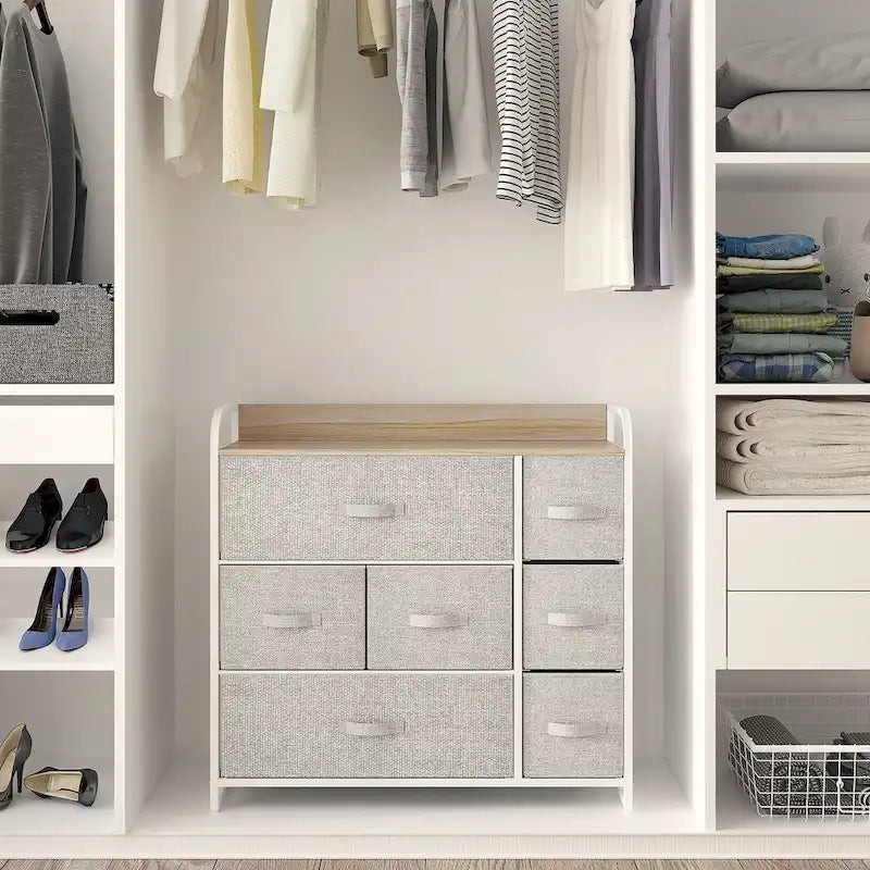 Cómoda de 7 cajones – Negro gris / Gris claro / Marrón / Rosa / Negro-madera / Gris-madera | Tela y acero | Para 1 persona