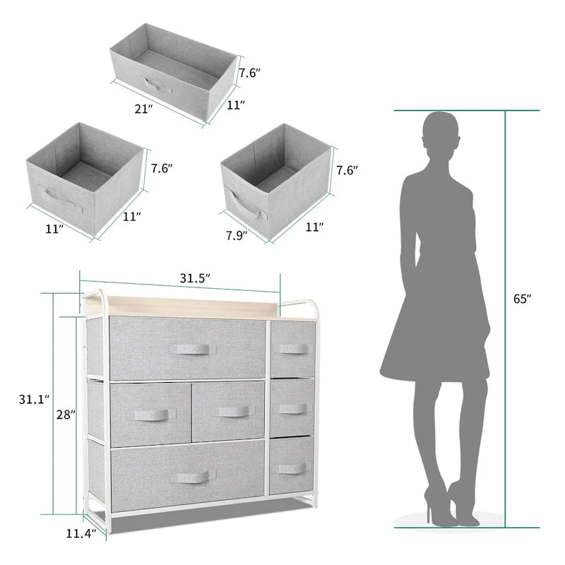 Cómoda de 7 cajones – Negro gris / Gris claro / Marrón / Rosa / Negro-madera / Gris-madera | Tela y acero | Para 1 persona